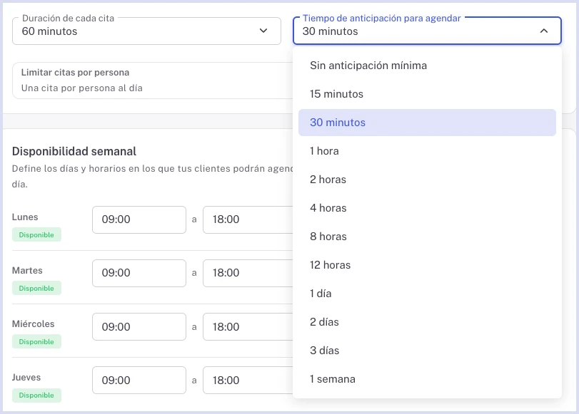Tiempo de anticipación para la cita