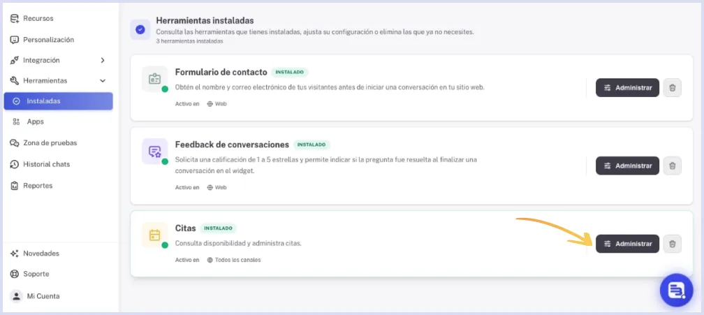 Herramienta de citas instalada