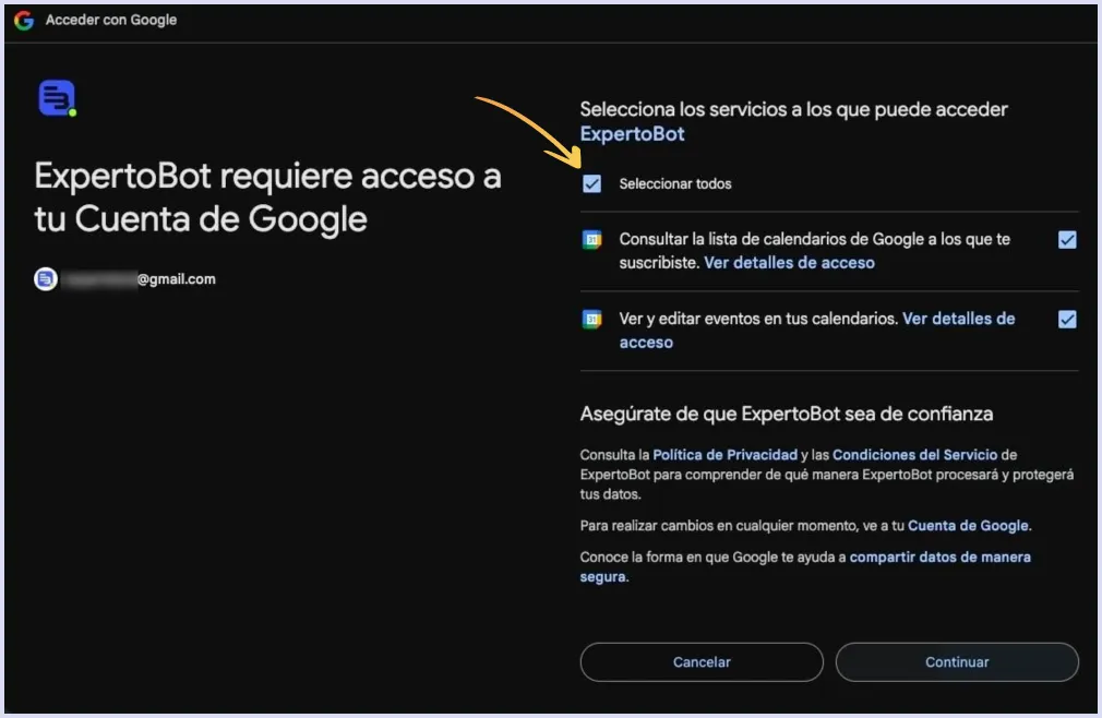 Conceder permisos de Google