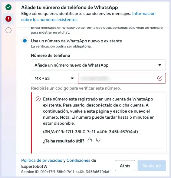 Numero de telefono en uso