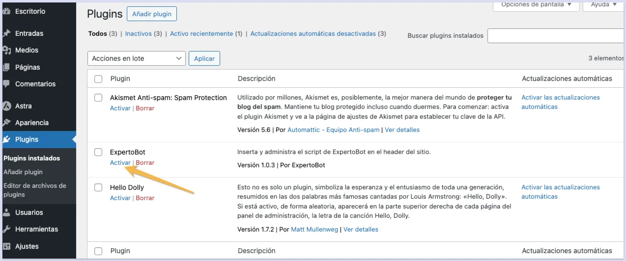 ExpertoBot en la lista de plugins instalados