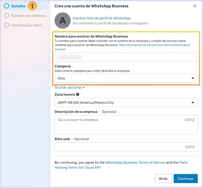 Nombre y categoría para WhatsApp