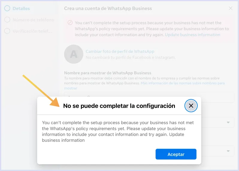 No se puede completar configuración