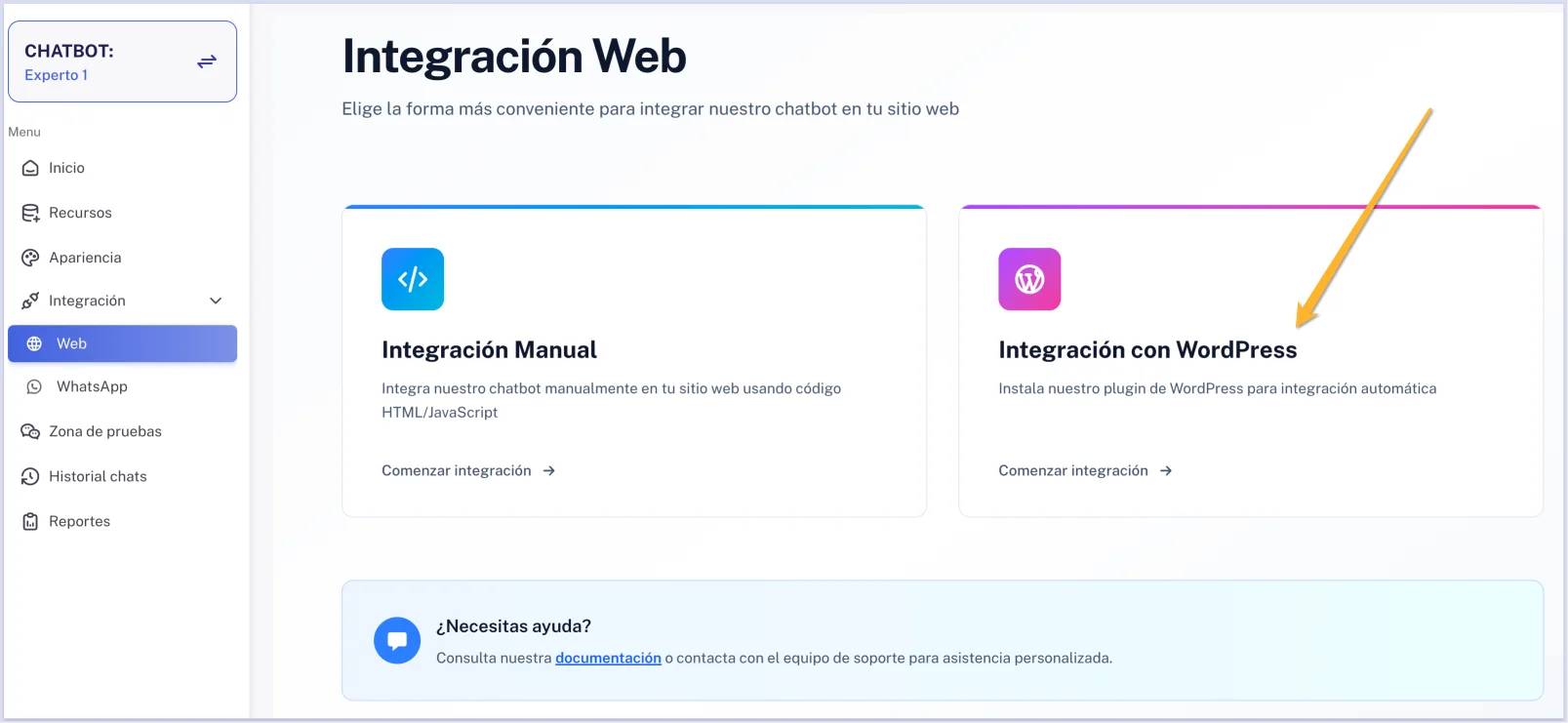 Seleccionar integracion con WordPress